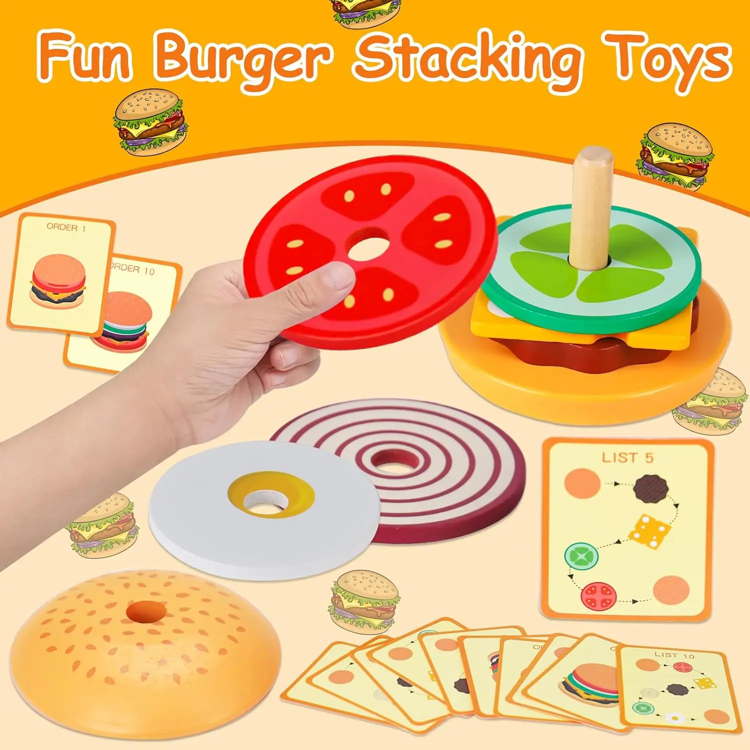 Todders Montessori Toy Wooden Hamburger Sandwich French Fries Sorting Stacking Toys Pretend Play Food Toy Kid Role Playing Games