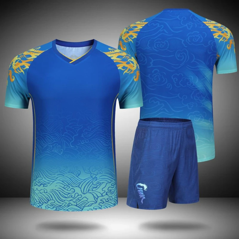 Chemise et short de Tennis de Table bleu de championnat, ensemble de vêtements de Badminton Dragon chinois pour hommes, femmes et enfants, maillot familial de Golf et de ping-pong, 2024