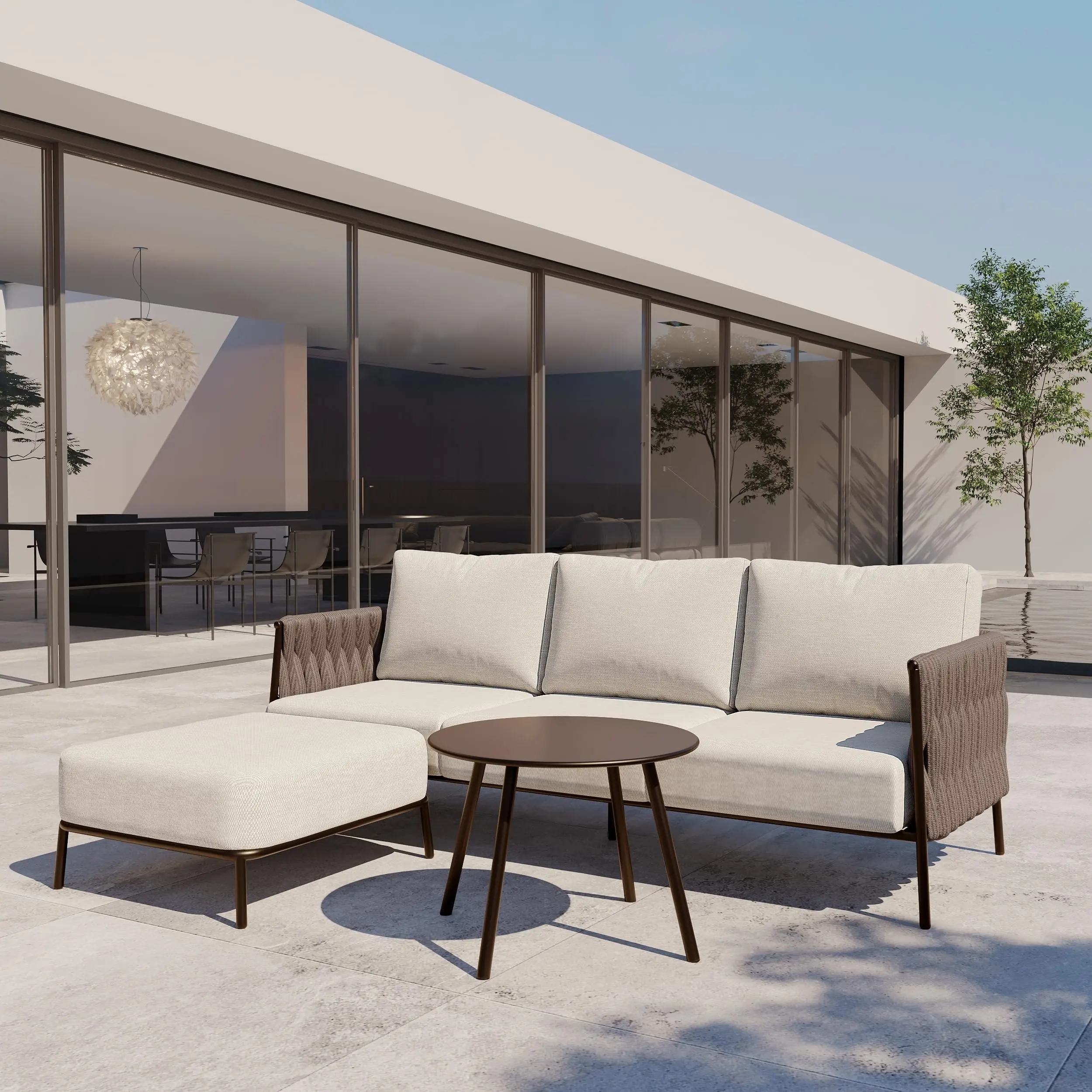 طقم أريكة فناء خارجي حديث، حبل منسوج باللون البيج وإطار معدني وسائد مقاومة للماء للحديقة وبحول السباحة، أثاث خارجي فاخر