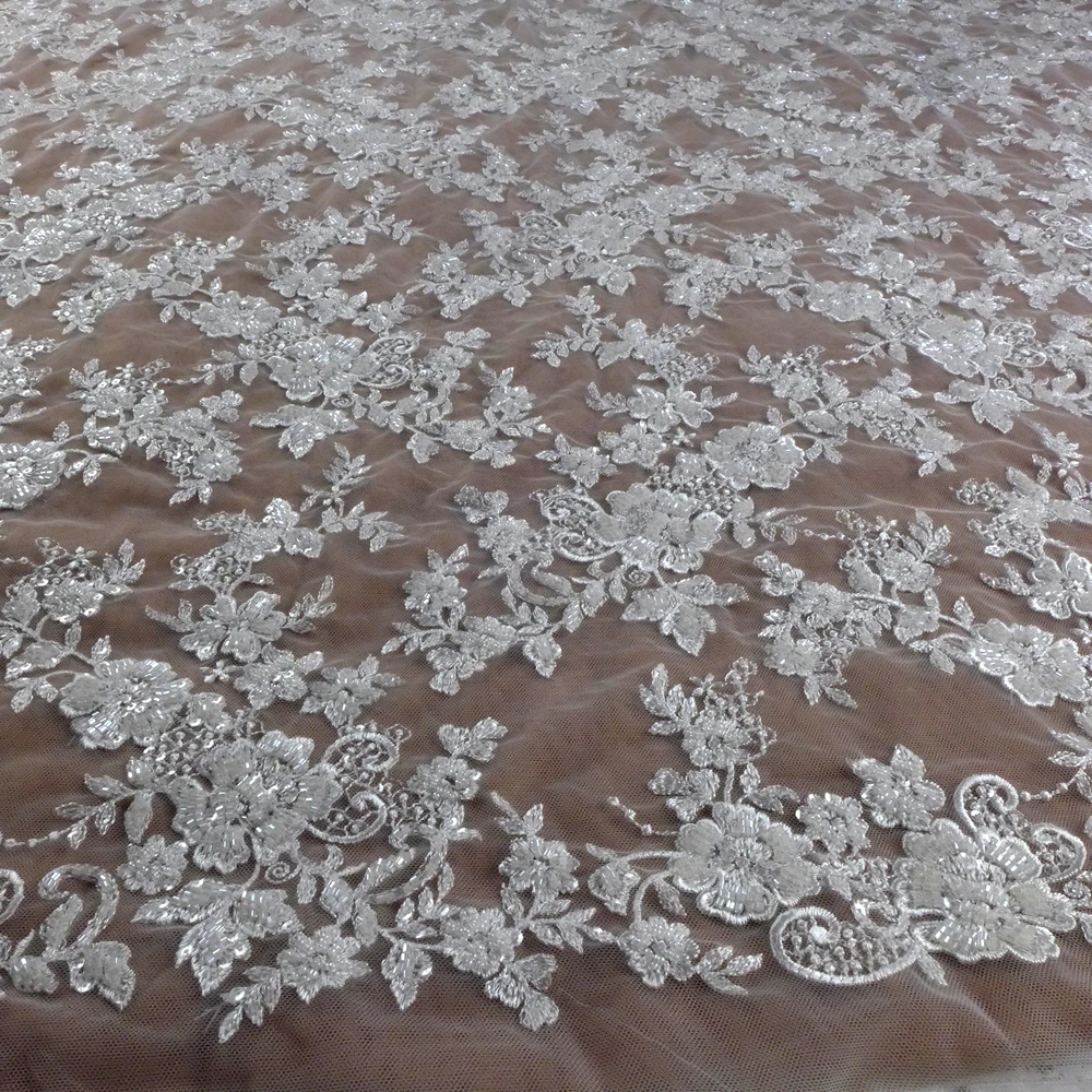 HelluyerDC White heavy beading lace fabric,flwoers leaves partterns for wedding,evening,dance gown can be cut to many pieces