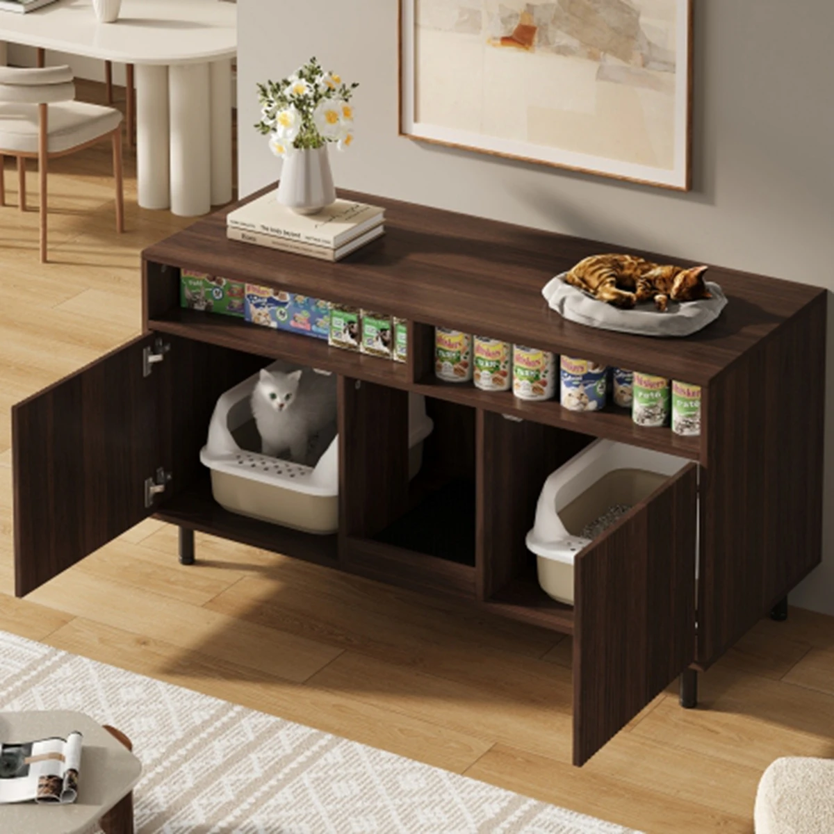 Armoire à Litière Multifonction pour Chat 120x50x66 cm, Meuble Sideboard/Meuble TV avec Tapis Récupérateur de Sable, Étagère de Rangement, Isolation des Odeurs, Sans Bac à Litière, Couleur Noyer