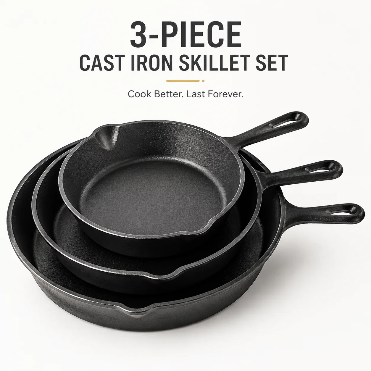 3 Piece Cast Iron Skillet Set, Pre-Seasoned Heavy Duty Frying Pan Set, Durable Cookware for Steak, Eggs, Grilling and Everyday Kitchen Cooking