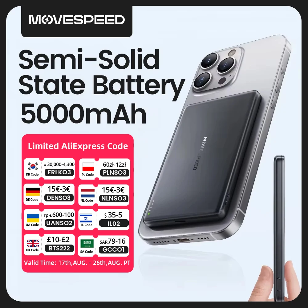 【CCC】MOVESPEED Halbfeste Akku-Powerbank 5000 mAh Magnetische kabellose Lade-Powerbank für Magsafe für iPhone 17 16 15 14 13