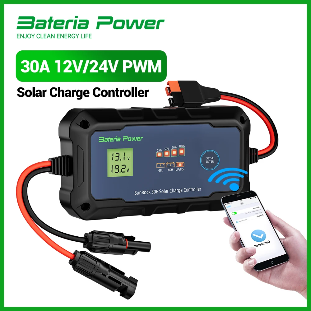 

30A Solar Charge Controller 12V24V PWM Built-in BTAPP Control,Bateria Power Intelligent Plug and Play Portable Max PV 900W 55Voc