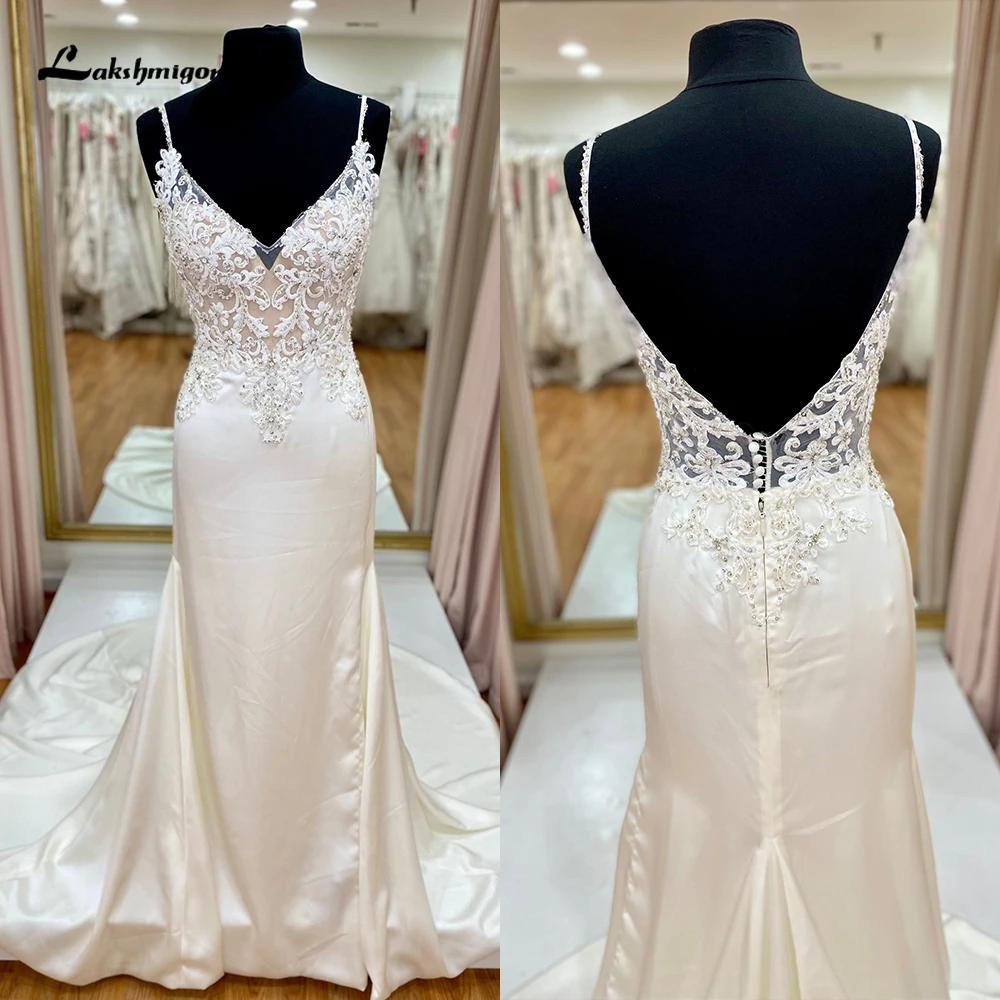 Sexy V Neck Spaghetti Straps Open Back Button Lace Top Mermaid Wedding Dress For Women Boho Bridal Gowns Sweep Robe De Mariée