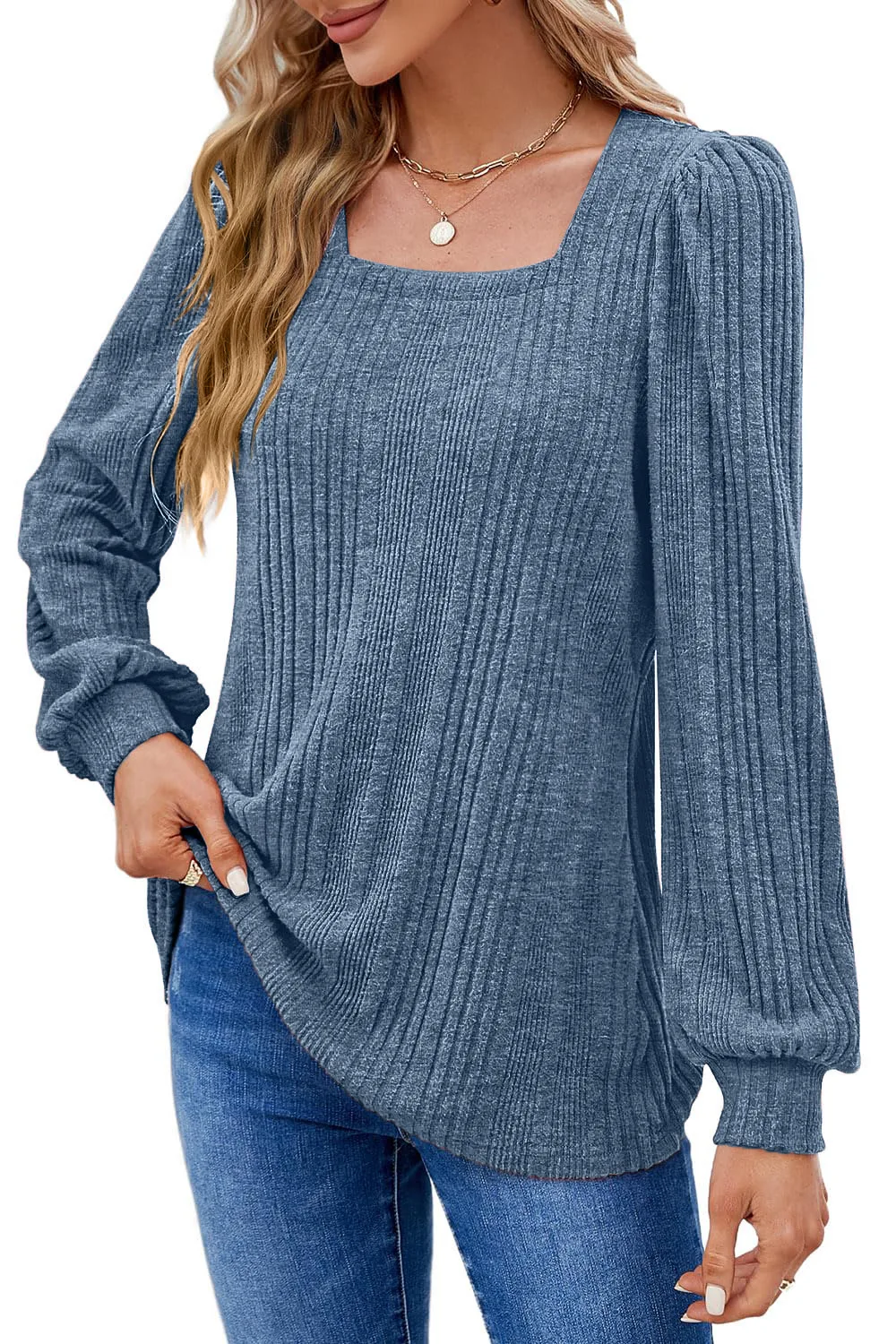 Autumn and Winter New Women\'s Pit Stripe Square Neck Fashion Casual Long Sleeve Top