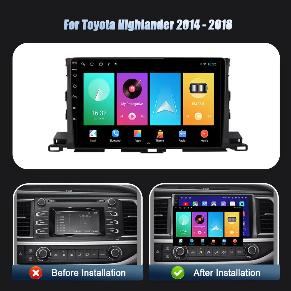 Wireless Carplay Screen For Toyota Highlander 2014-2018 Android 14 Car Radio Multimedia Navigation Player Head Unit 2DIN 4G