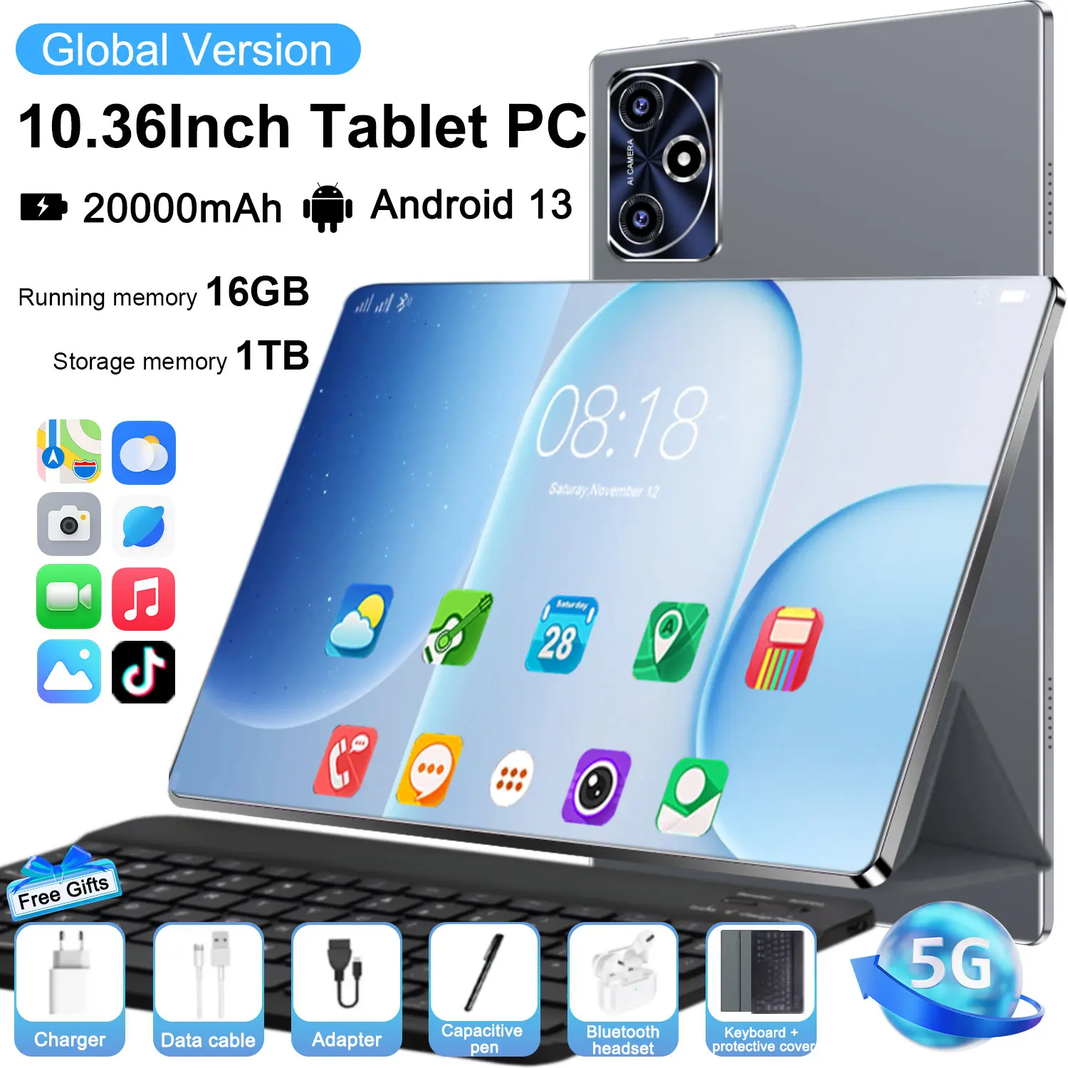 Tablet PC 5G Android 13 con Google Play, 14 Núcleos, 10.36 Pulgadas, Cámaras Dobles, Doble SIM, Llamadas Telefónicas, Tablets con