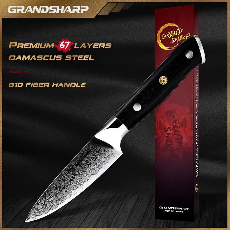 

GRANDSHARP Damascus Paring knife 3.5" Japanese Damascus Steel VG-10 Knife Mosaic Rivet G10 Handle Peeling Fruit Kitchen Knife