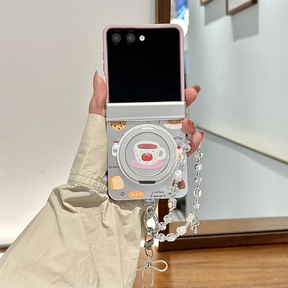 Cute Bread Coffee Bear Magnetic Phone case for Samsung Galaxy Z Flip6 7FE Flip 8 7 6 5 4 3 Flip 6 Cover With Magsafe Stand Chain