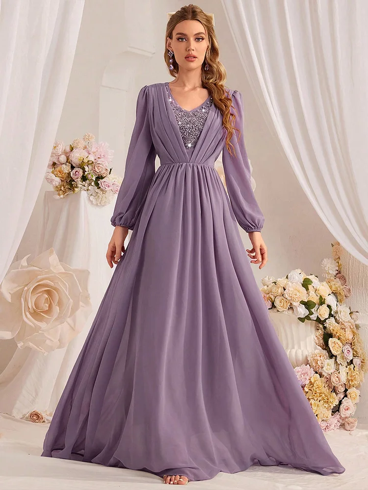 

X2 Pearl chiffon dress lantern sleeve evening gown