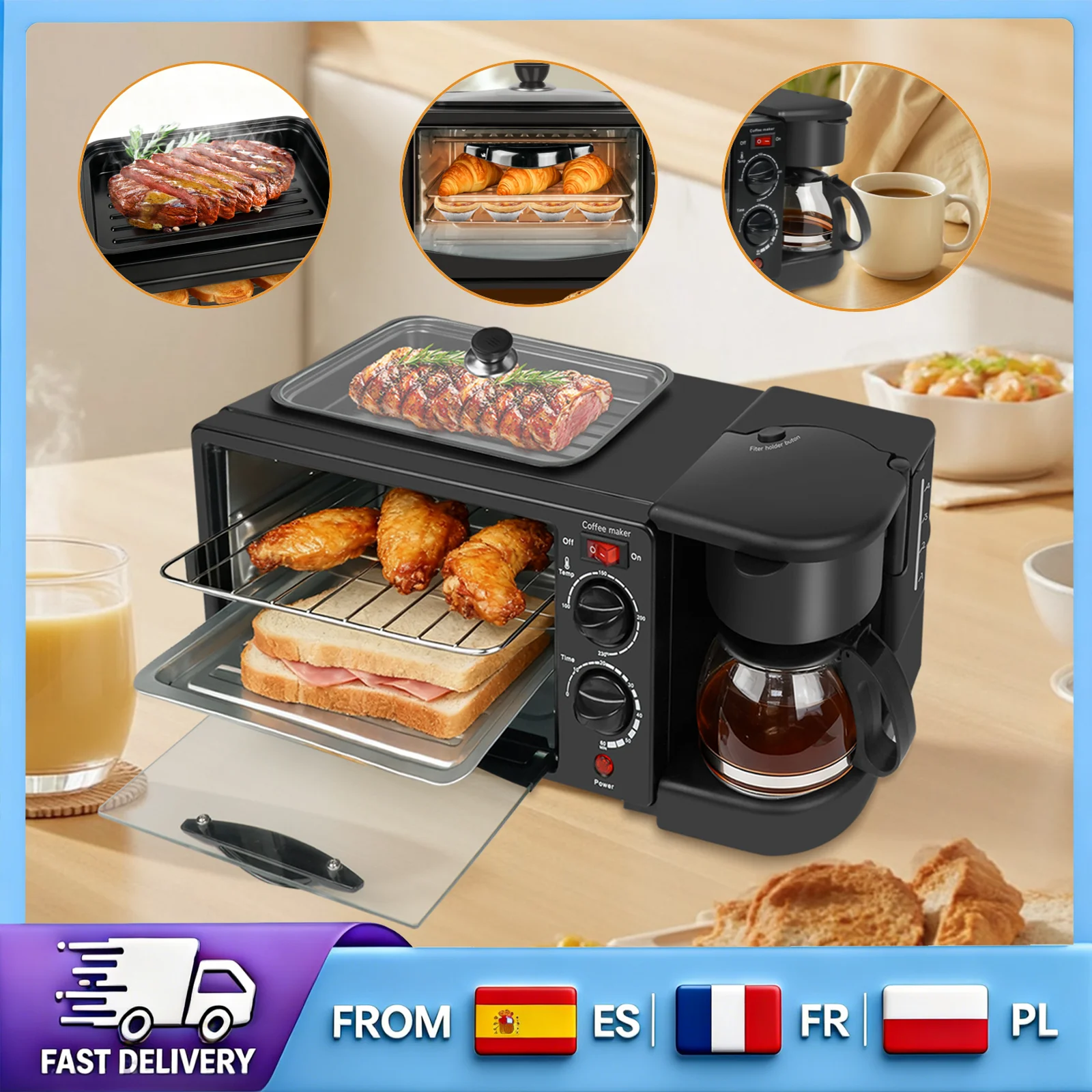 Máquina de Desayuno Premium 3 en 1, Horno de Vidrio a Prueba de Explosiones, Cafetera Aislada, Diseño Seguro y Fácil de Usar