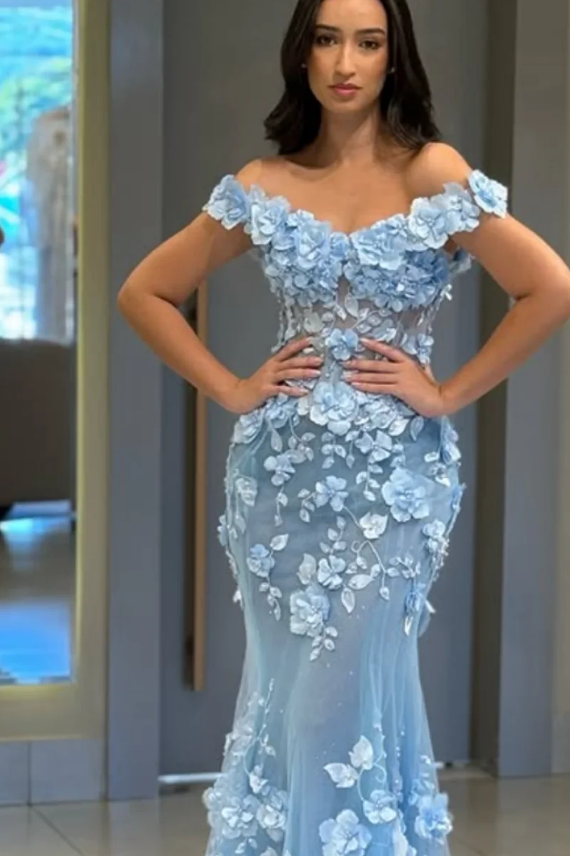 เจสสิก้าSky Blueชุดราตรี3Dดอกไม้Tulleชุดราตรีเซ็กซี่Mermaid Elegant Ladyชุดแต่งงานที่กําหนดเอง