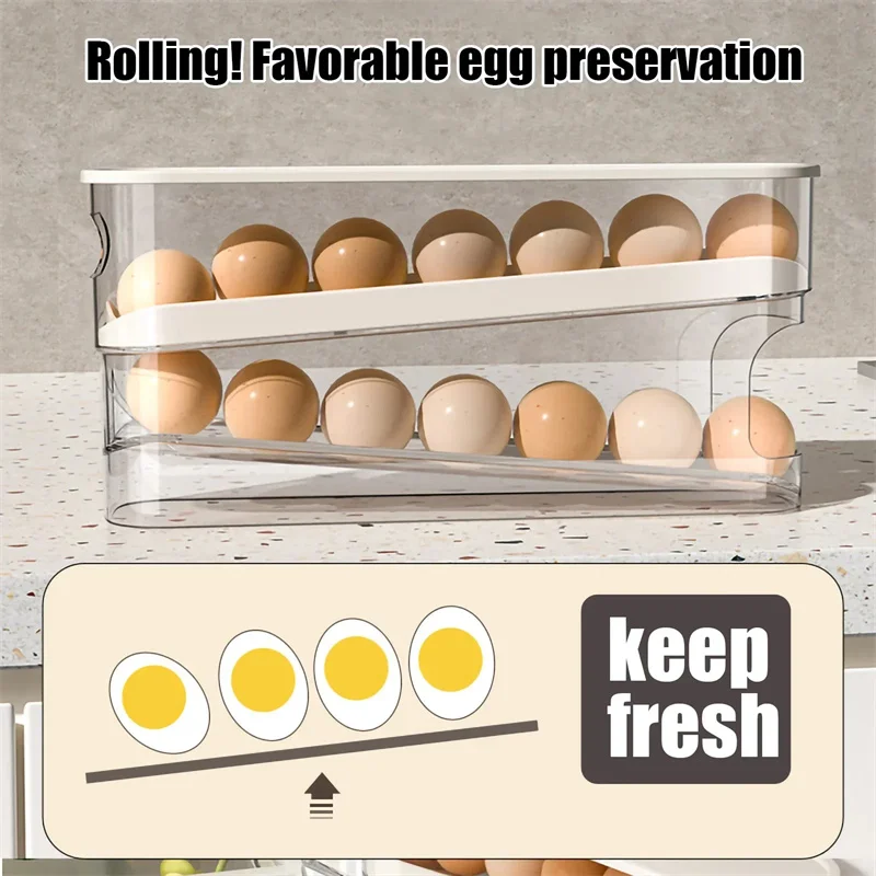 Double Layer Rolling Egg Dispenser Refrigerator Egg Storage Box Automatic Scrolling Egg Holder Household Large Capacity Kitchen