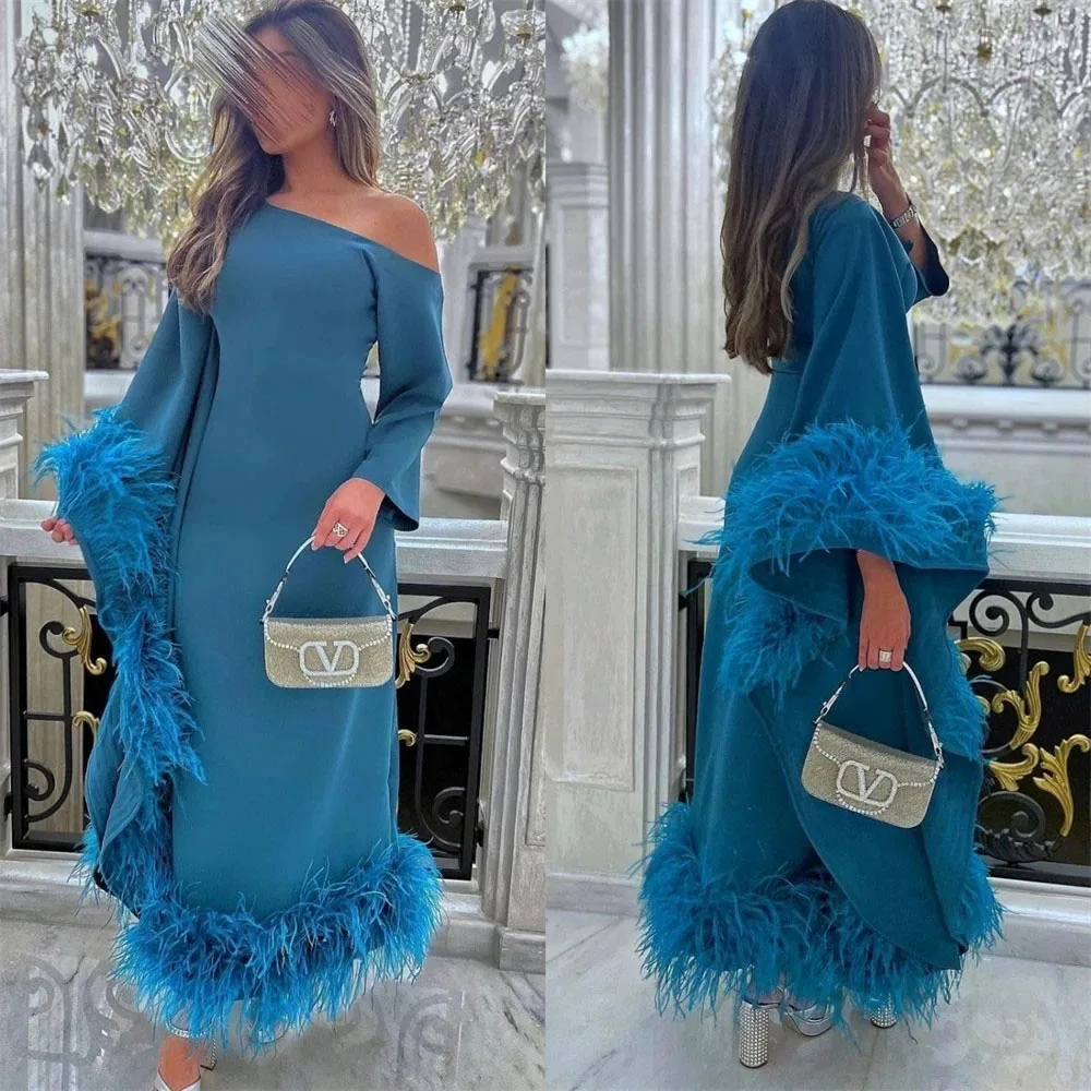 Vestidos de Noche azules de lujo para mujer, traje Formal con plumas personalizadas, para ocasiones formales, para baile de graduación árabe saudí,