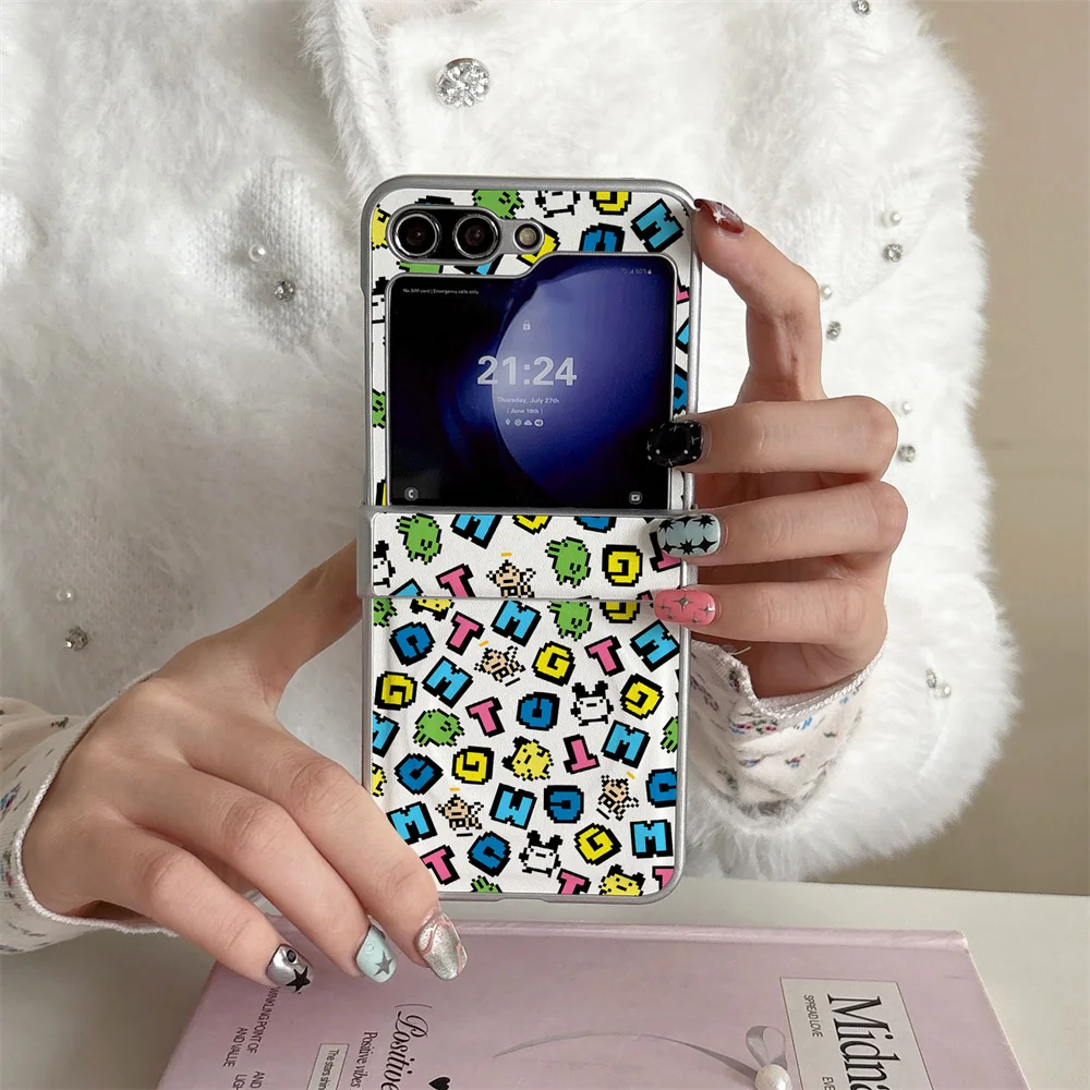 Cute Pixel Tamagotchi Letter Full Print PU Leather Magnetic Phone Case For Samsung Galaxy Z Flip 7/6/5/4 Foldable Kawaii Girly P