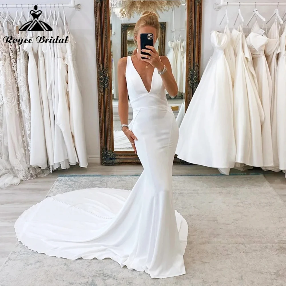 

Simple V-neck Satin Mermad Wedding Dresses Button Back Sweep Train Beach Bridal Grown Vestidos De Novia 2024 robe de mariée