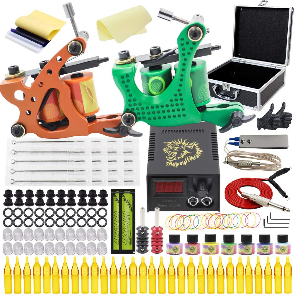 Complete Tattoo Machine Kit Coil Tattoo Machine Set Tattoo Gun Kit with Power Supply Foot Pedal Needles ink for Beginner