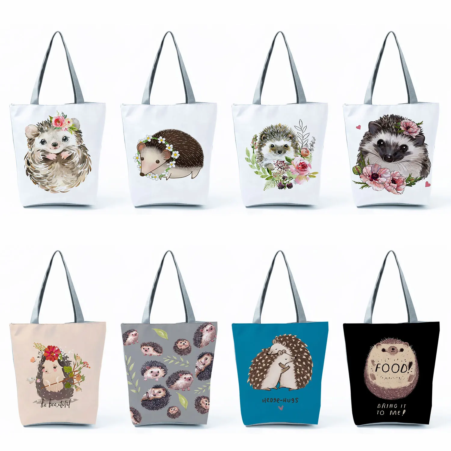 Custom Cartoon Kawaii Hedgehog Flower Printed Handbags Harajuku White Casual Women Tote Fashion Foldable Portable Shoulder Bags