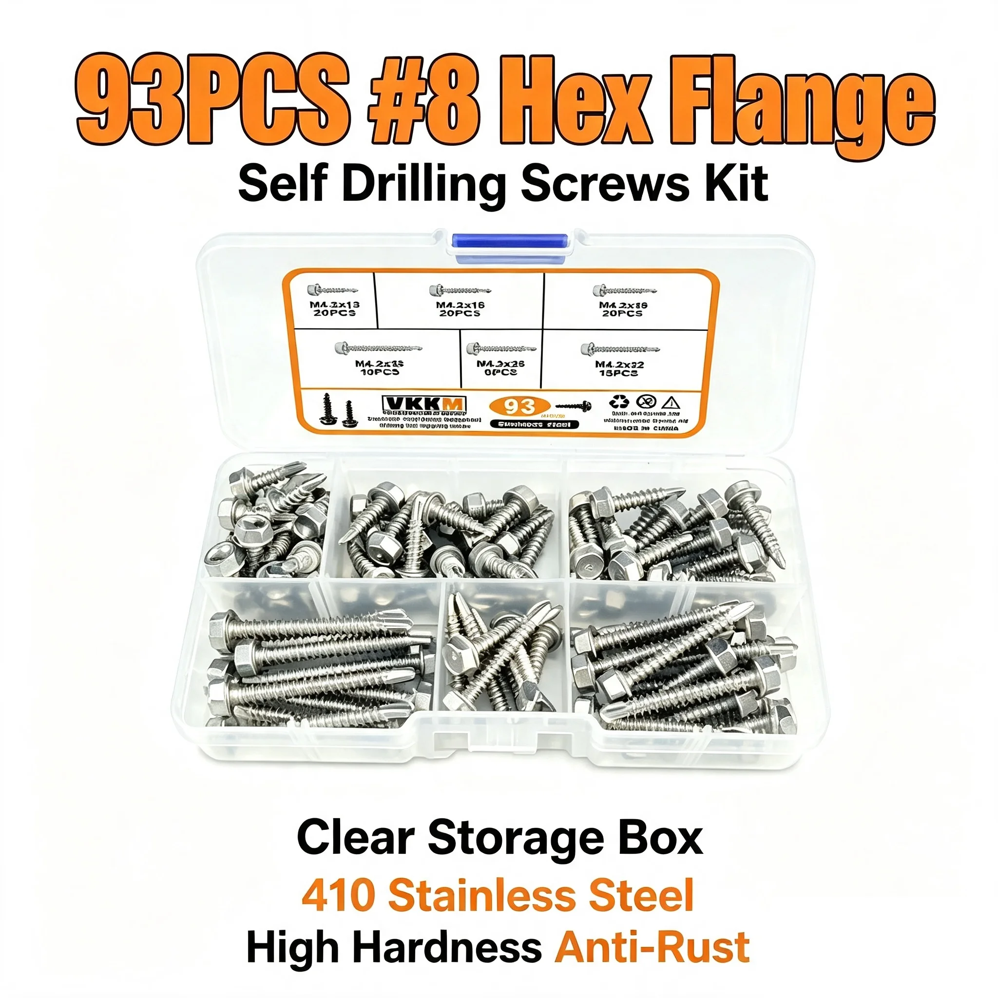 VKKM 93Pcs #8 Hex Flange Self Drilling Screws Kit, 410 Stainless Steel Self-Tapping Drill Bit Screws, Assorted Size Metal Roofing Screws for Metal Sheet, Window Frame, Wood & Metal Construction