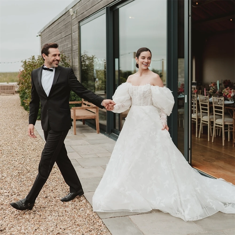 Robe de mariée A-ligne à manches bouffantes pour la mariée, robe de patients en dentelle, appliques romantiques sur mesure, superbe, 20273 #, 2024