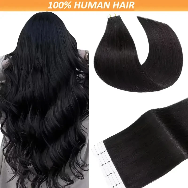 Alimice Remy Straight Tape In Hair Extensions  #1B Human Hair 50g Invisible Tape In Hair Extensions 20pcs For Women