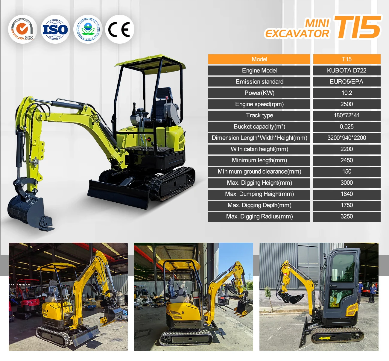 Preço de fábrica Kubota Motor Pequeno Mini Escavadeira Bagger Escavadeira de 2 toneladas Mini Pelle Crawler Mini Escavadeira com EPA CE EURO 5