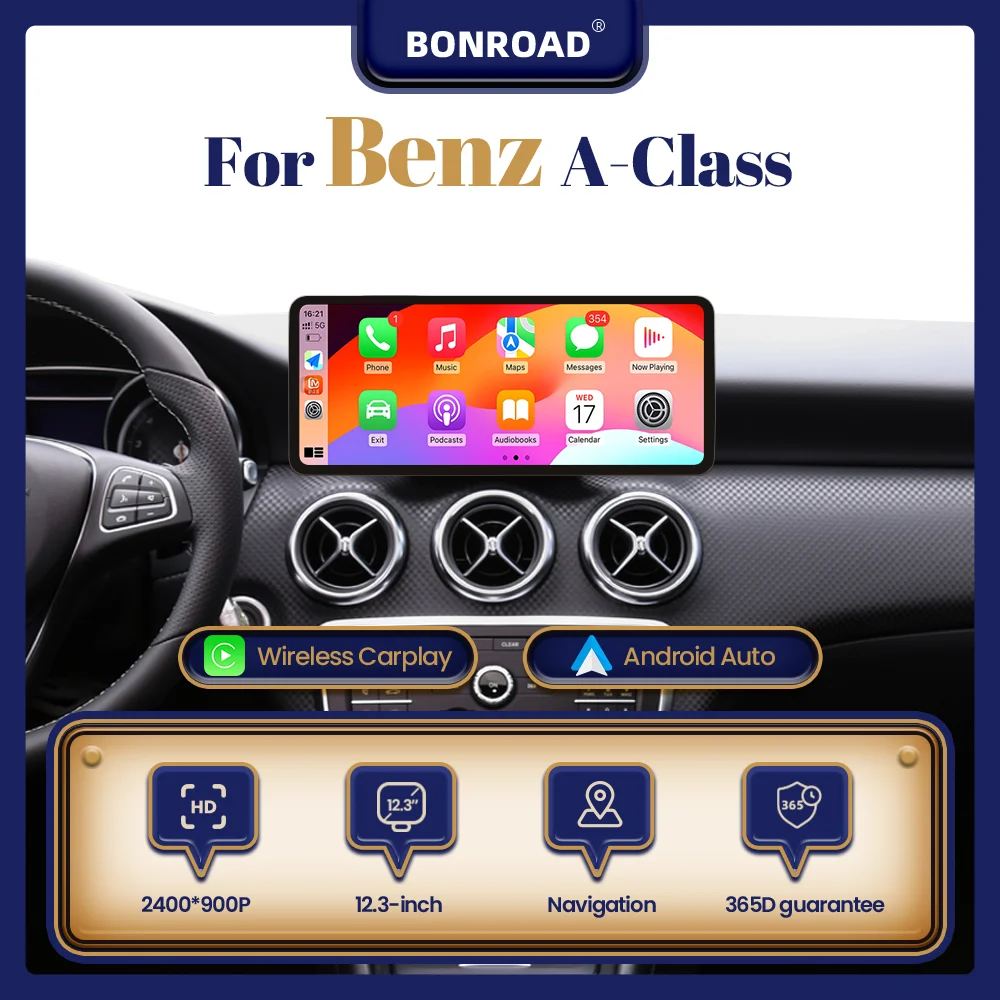 BONROAD Radio multimédia sans fil CarPlay Android Auto avec écran tactile de 12,3 pouces pour Mercedes Benz Classe A GLA CLA W176 X156 C117