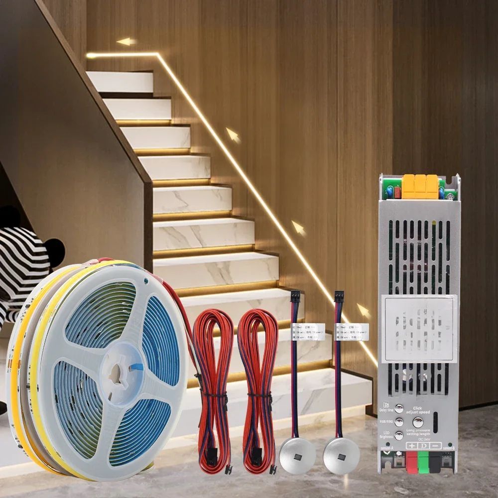 5M 10M 15M Sensor Motion Treppen LED Streifen Licht Kit 24V COB Wasser Fluss Treppe Schritt Beleuchtung für Innen Leiter Korridor Lampe