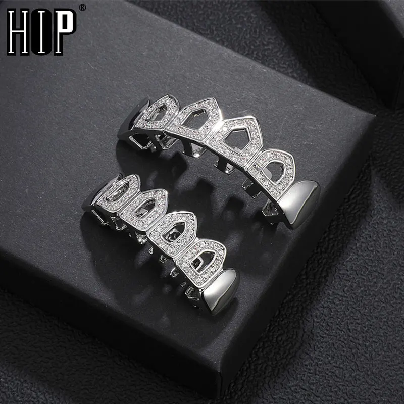 Hip Hop Teeth Grillz Set Iced Out Bling Grillz Caps Cubic Zircon Micro Pave Top & Bottom Charm Grills For Men Women Jewelry