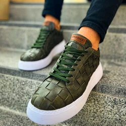 FOH Store Sneakers for Men GREEN Artificial Leather 2023 Spring Autumn Casual Lace Up Fashion Shoes High Base Sport Comfortable Light Vulcanized Daily Original Canvas Odorless Orthopedic Suits Office Wedding 209