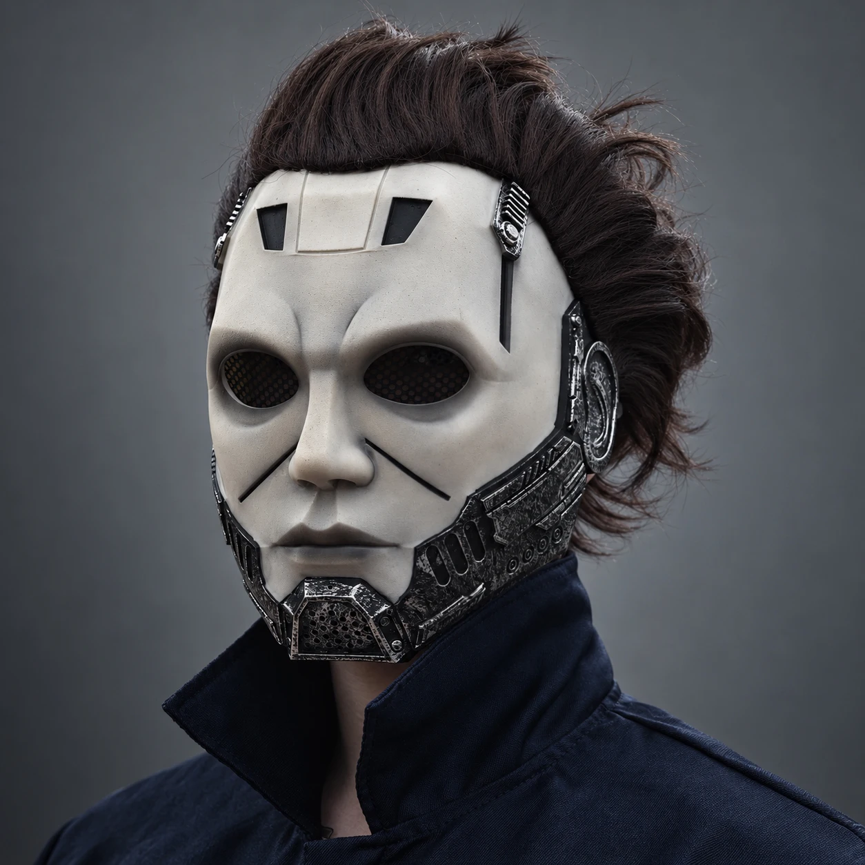 Cyberpunk Horror Mask with Brown Hair for Adults, Futuristic Sci-Fi Robot Face Mask for Halloween Cosplay Costume Parties