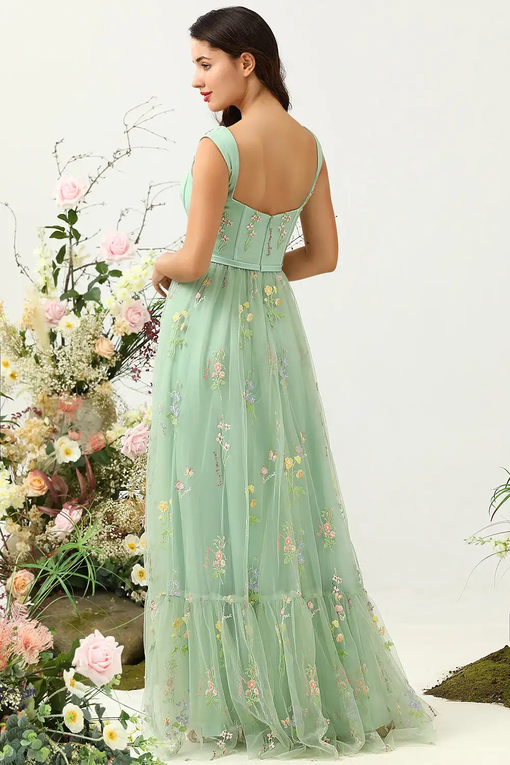 A-Line Square Neck Prom Dress With Flower Embroidered Tulle Long Evening Party Dresses Graduation Gown Wedding Party Dresses