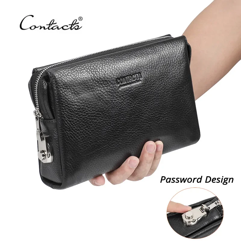 Contact's couro genuíno masculino embreagem senha design masculino bolsa de pulso grande capacidade bolsa de embreagem casual bolsa