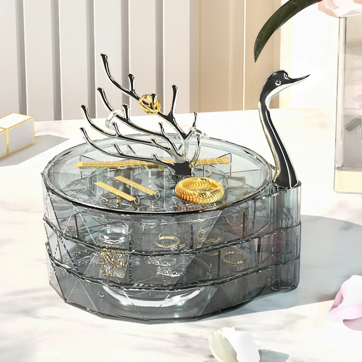 Swan Jewelry Box Rotating Earring Organizer Desktop Set 2pcs Ice Black Ash Amber
