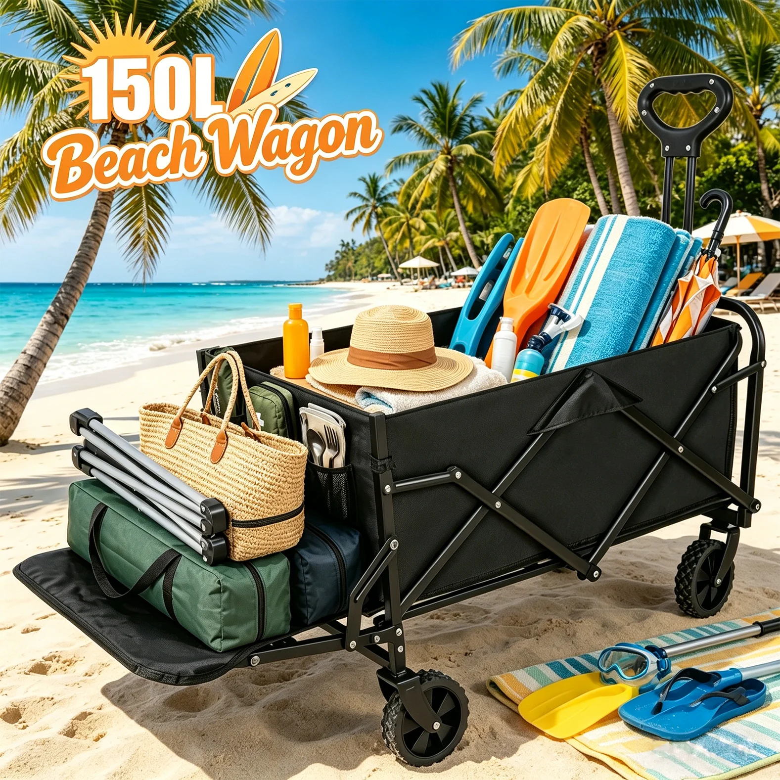 Carrello Pieghevole da 150L, Carrello Utilitario Resistente da 75KG con Ruote a 360° ° Ruote Girevoli, Manico Regolabile per Campeggio, Giardino, Spiaggia