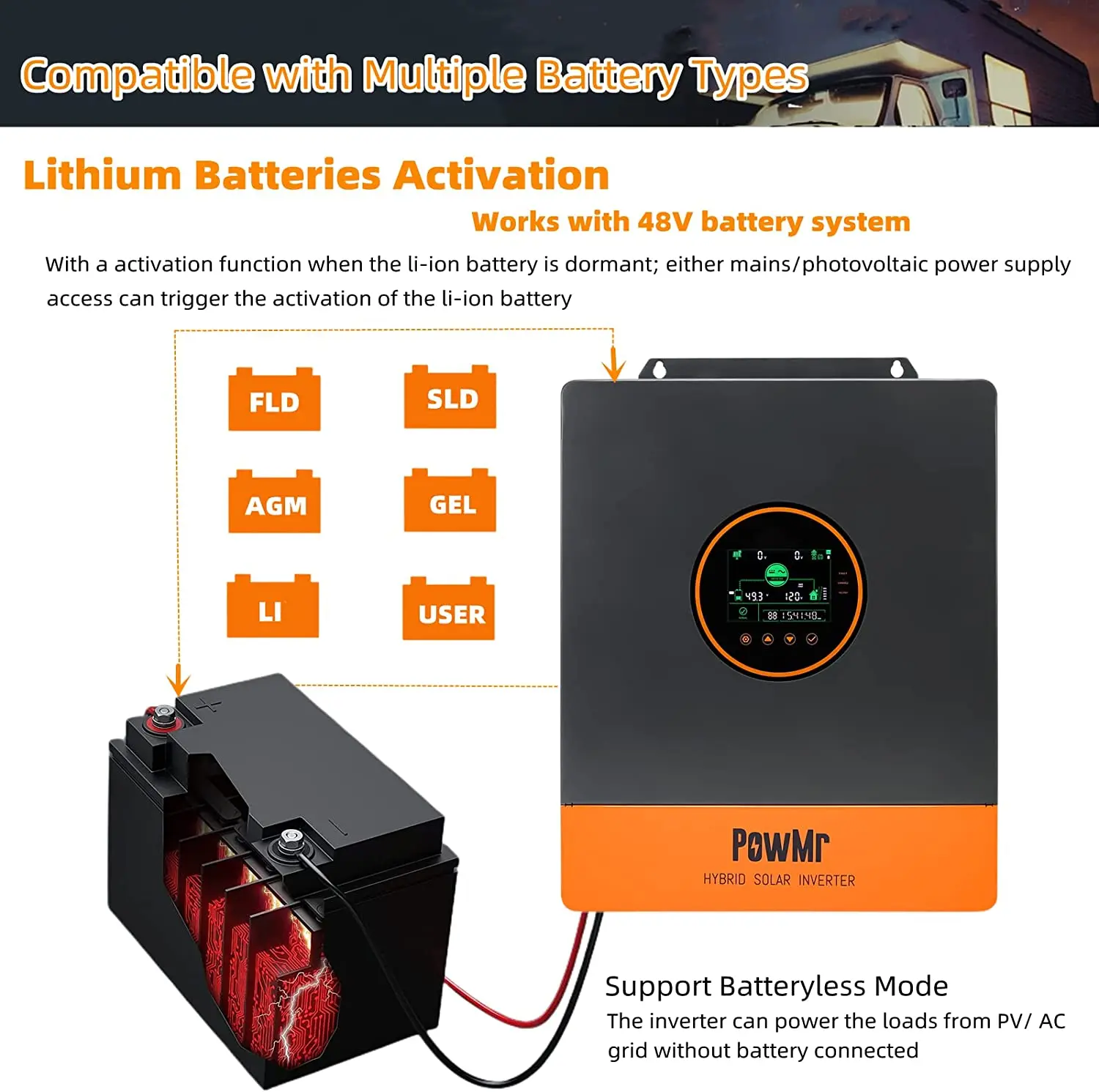 PowMr 5KW Split Phase Inverter 48V 110V On Grid Off Grid Pure Sine Wave Hybrid Solar Inverter with MPPT 100A Battery Charger