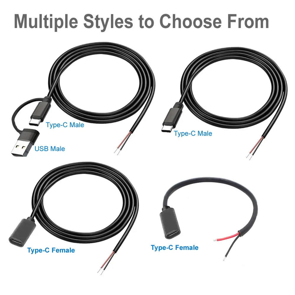 DC 2 Pin Power Cable USB and Type C Male Female to 2 Core Extension Cord For 5V Equipment Installed DIY Replace Repair appliance