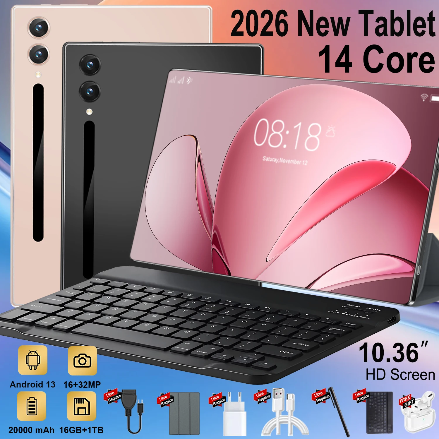 Tablette Android 14 cœurs mondiale 2026, 10,36 pouces, 16 Go + 1 To, S30PRO, 20000 mAh, 5G, pour le jeu et le bureau, Wi-Fi, Bluetooth, GPS double