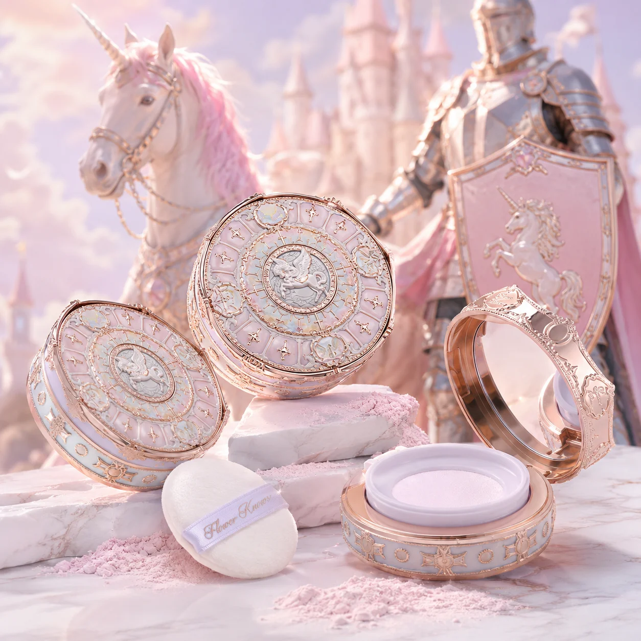 Flower Knows Knight Unicorn Pó Solto Fixador Acabamento Suave Efeito Blur Disfarça Poros Textura Sedosa Leve Respirável Controle de Oleosidade Longa Duração Maquiagem Impecável