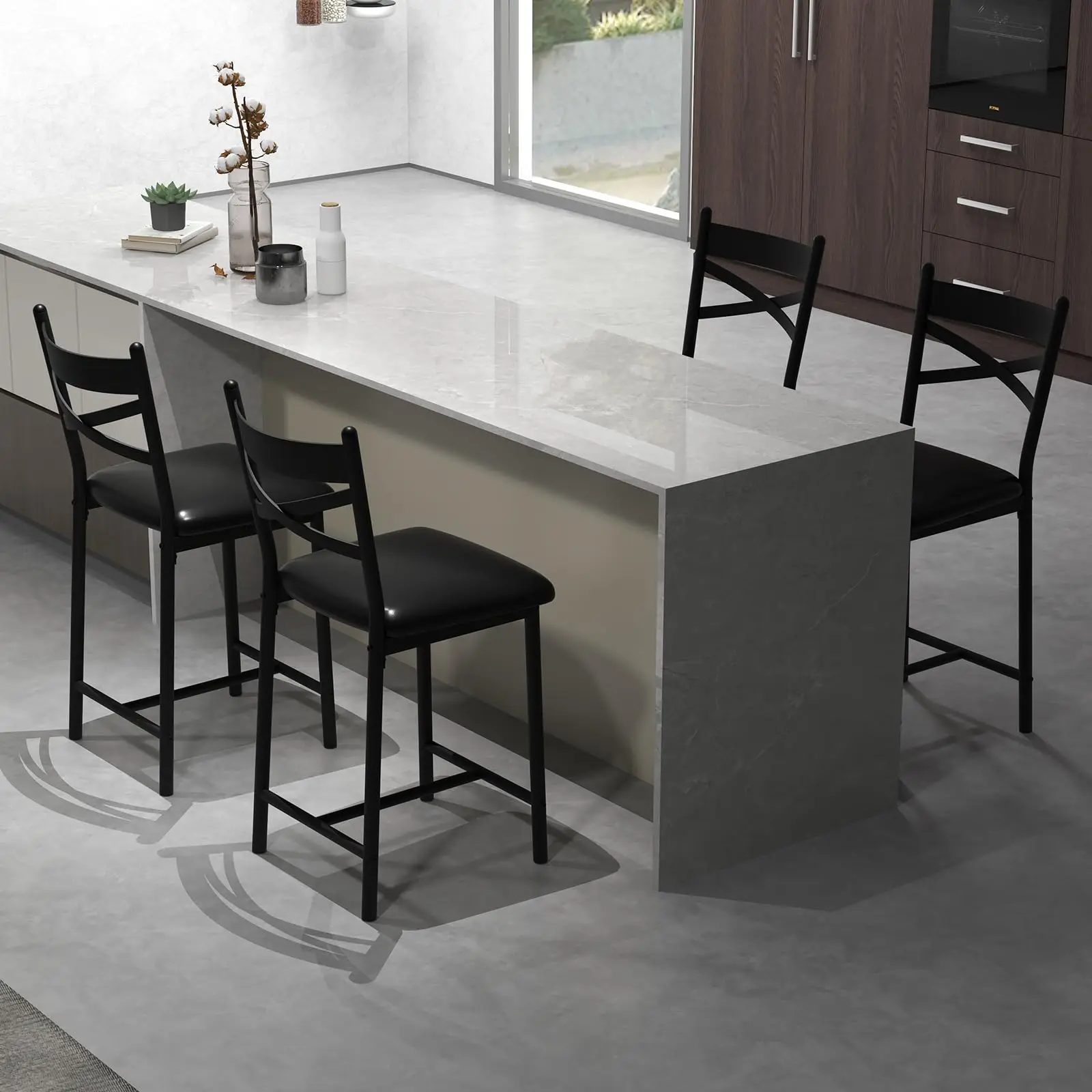 Design moderne et confortable – Tabouret de bar avec dossier, repose-pieds, siège rembourré en PU, structure en métal – Polyvalent comme chaise de cuisine, tabouret de comptoir ou chaise de salle à manger – Noir – 22