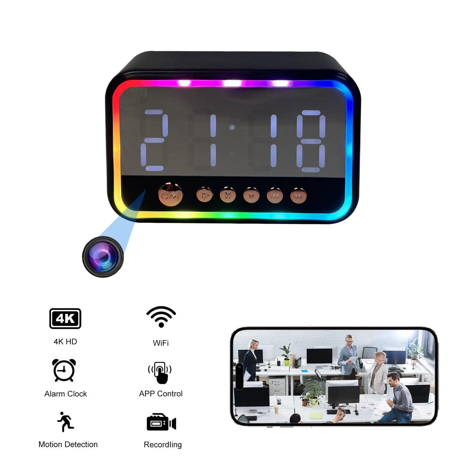 

4K WiFi Clock Camera with Bluetooth Speaker, Motion Detection, Remote Viewing, Nanny Cam, Security Camera for Home Surveillance