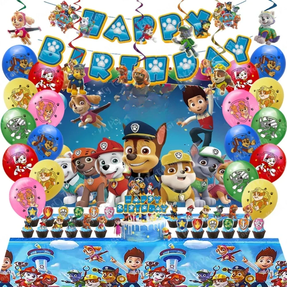 66Pcs Zestaw dekoracji urodzinowych Paw Patrol Balony lateksowe Wiszące wiry Baner Tło Obrus dla dzieci Impreza Impreza Materiały eksploatacyjne — 2