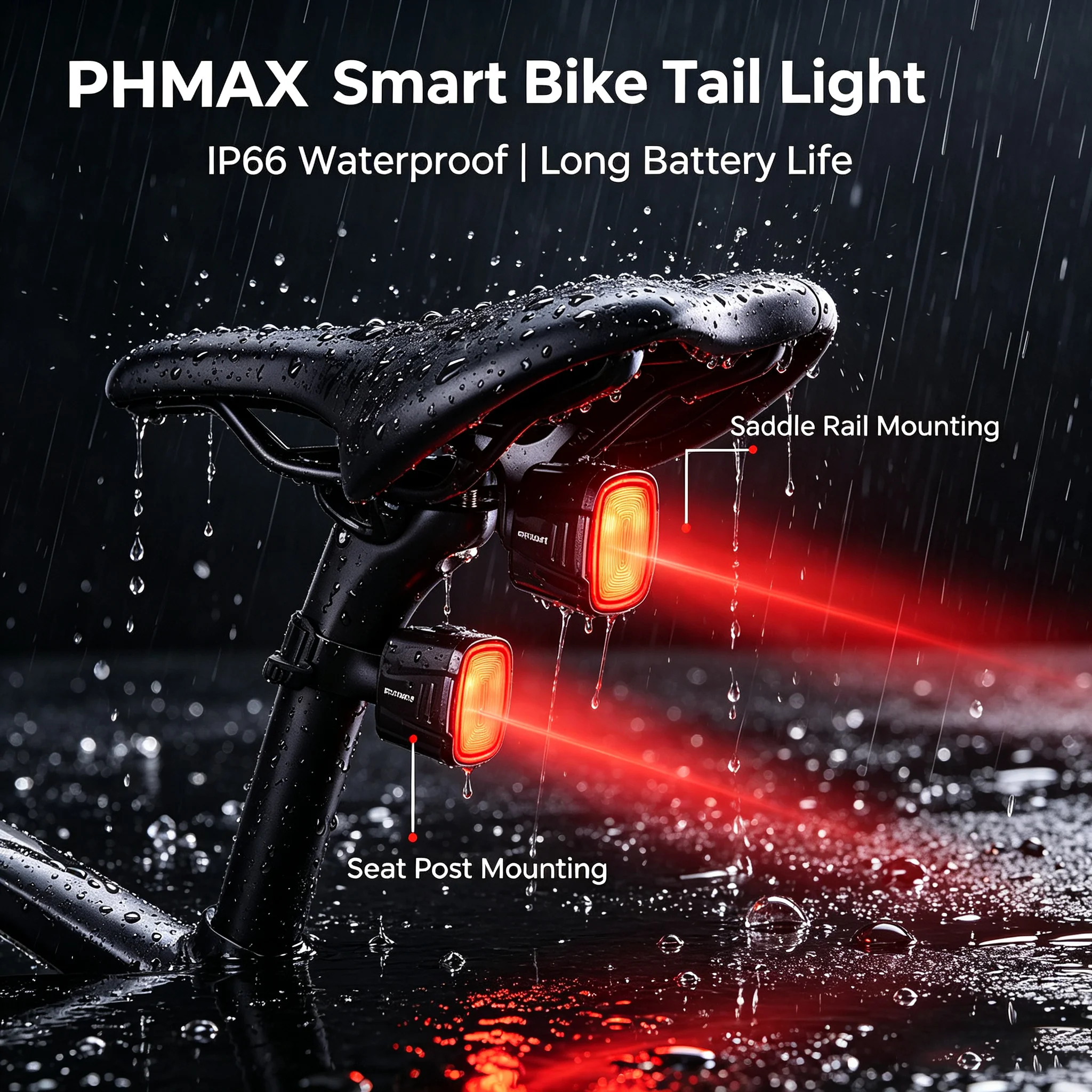 Feu arrière intelligent pour vélo, étanche IPX6, rechargeable par USB-C, feu arrière LED pour le cyclisme nocturne