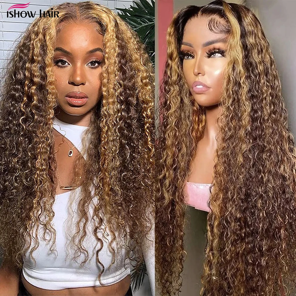 Ishow Kinky Curly Highlight Wig Human Hair Transparent 13x4 Lace Front Human Hair Wigs Pre Plucked P4 27 Colored Wig