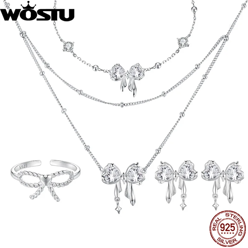 

WOSTU 925 Sterling Silver Princess Bowknot Ring Earrings Bracelet Double Layer Necklace Jewelry Set Girl Birthday Jewelry Gift