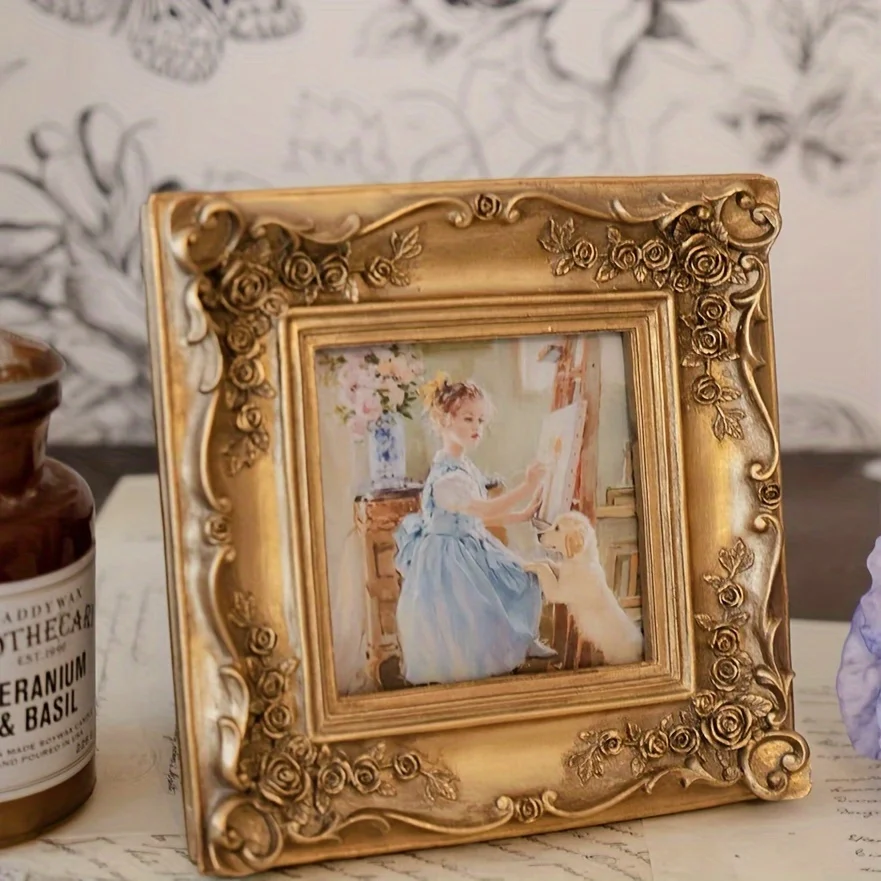 

Vintage 4inch Golden Picture Frame Antique Ornate Photo Frame Tabletop and Wall Hanging for Home Décor,Retro Photo Gallery, Ol