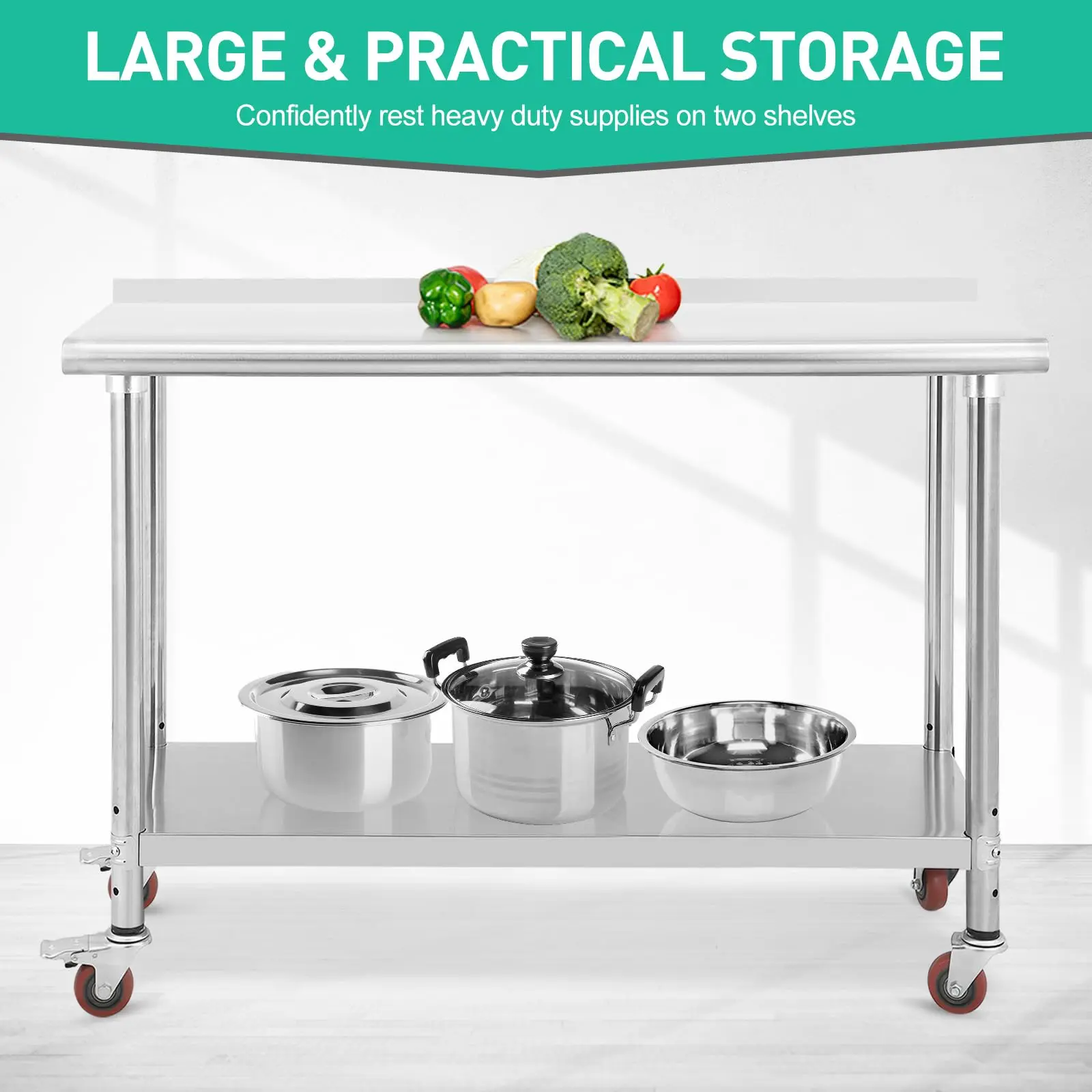 Table de travail en acier inoxydable - 152×61×89 cm avec roulettes et protection anti-éclaboussures, robuste pour usage commercial et de cuisine