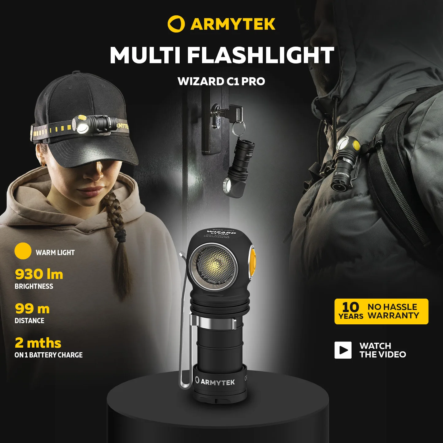 LED Headlamp New Armytek Wizard C1 Pro USB Rechargeable Multi flashlight 4 in 1 (F09001C/F09001W)