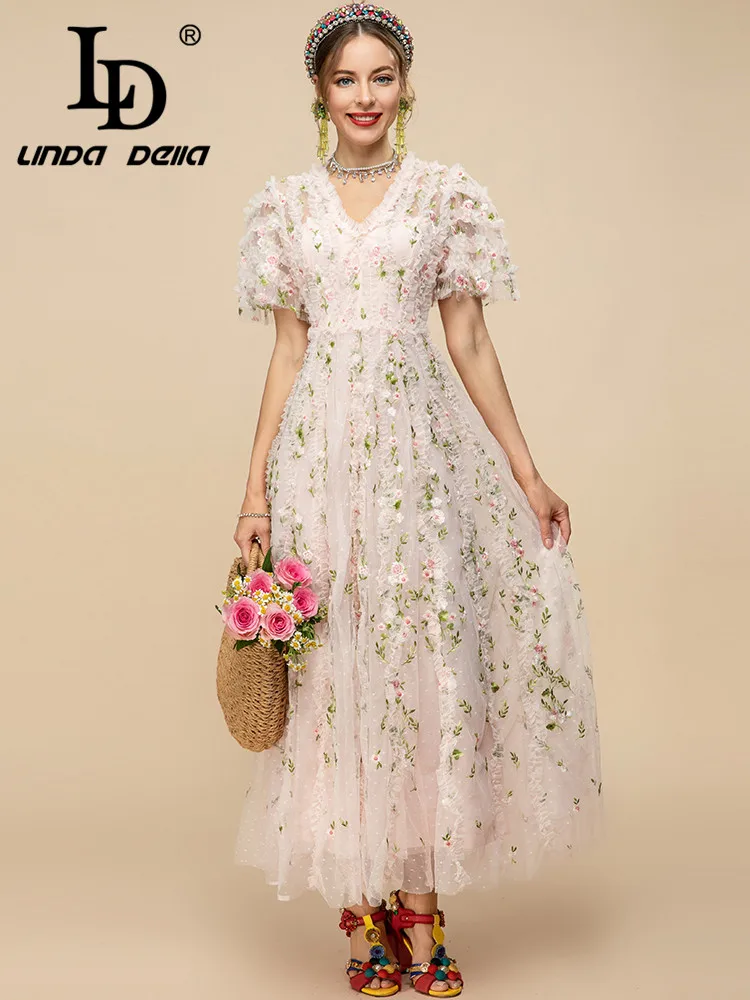 LD LINDA DELLA Designer Summer Pink Mesh Dress Women's Short Sleeve Flowers Embroidery Fashion Holiday Party Long Dress